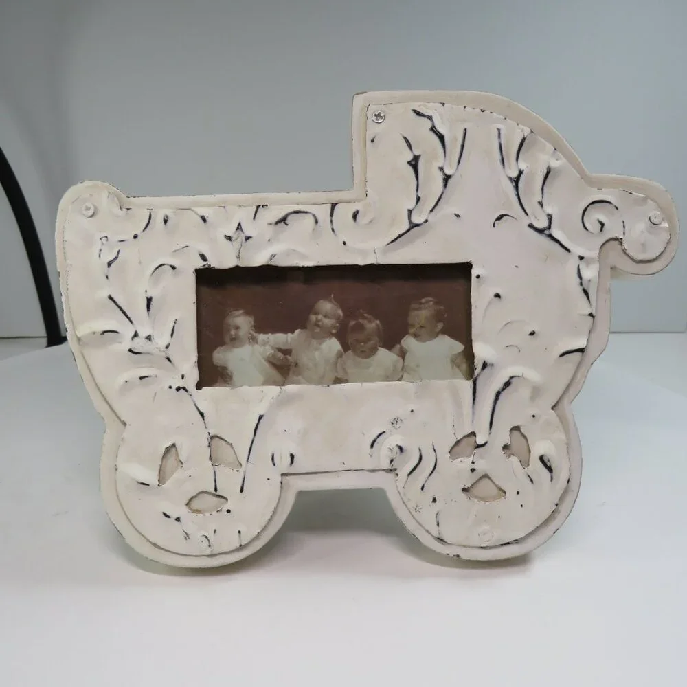 Vintage-Style Distressed Baby Carriage Photo Frame Metal Overlay
